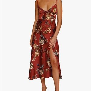 Red floral satin dress